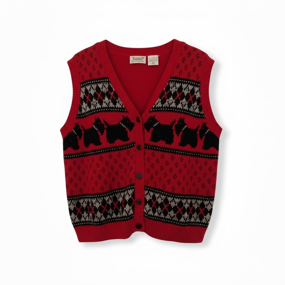 Vintage Tabi International Red Knit Vest Cardigan w/ Dog Motif – Women’s M